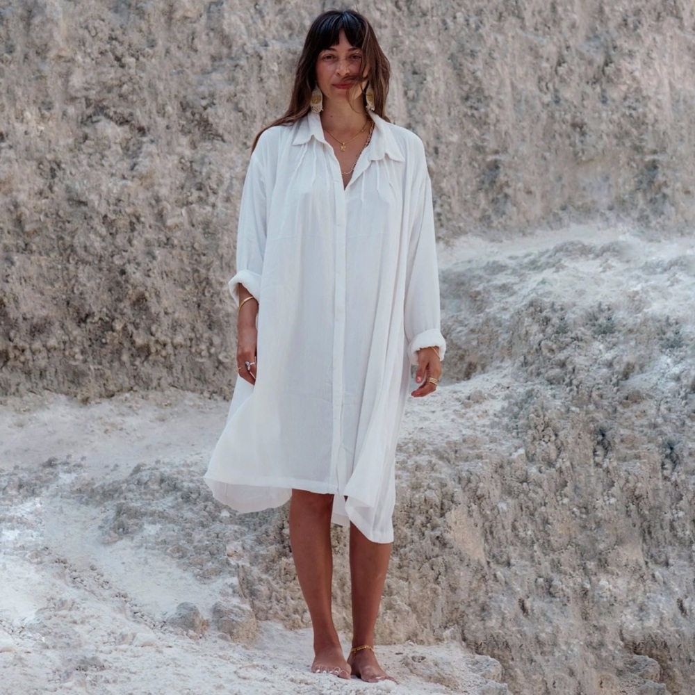 MYRAH PENALOZA WHITE SHORT KUNDALINI GOWN DRESS button up collar long sleeve - Picture 3 of 15